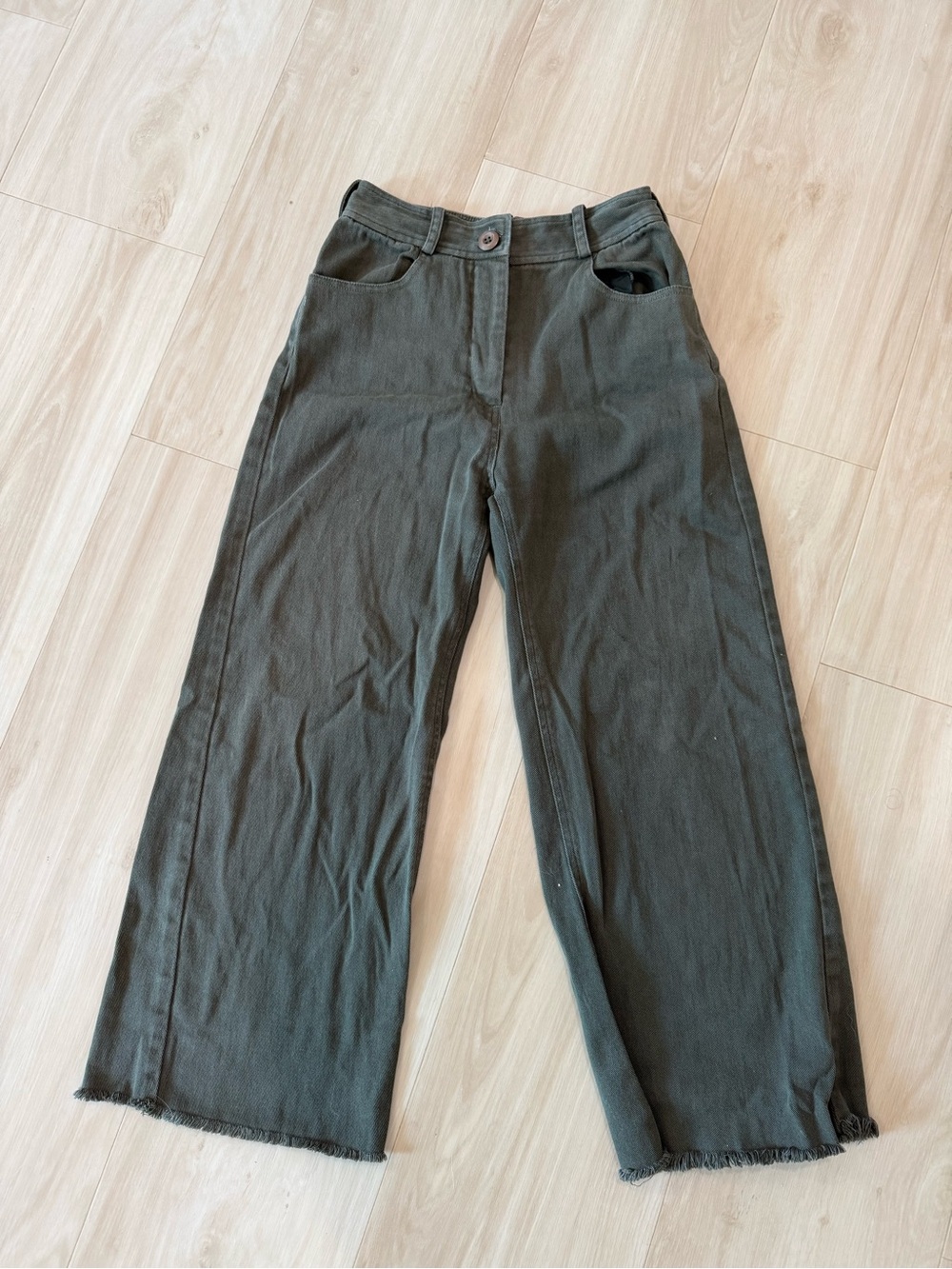 PHARAOH Olive Green Raw Hem Wide Leg Cropped Pants Sz 4 Made in USA Stretch